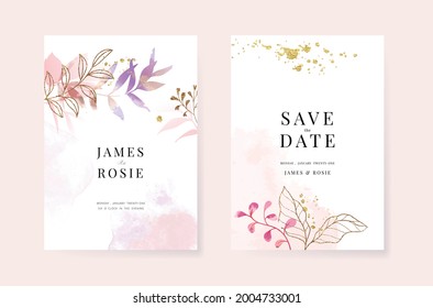 Minimal Pink Tropical Wedding Invitation, Floral Invite Thank You, Rsvp Modern Card Design In Blue Geometric Shape With Golden Line Decorative Vector Elegant Rustic Template