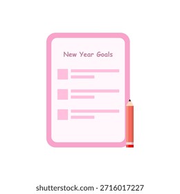 Mínima ilustração de vetor rosa de uma lista de verificação de metas de Ano Novo em um bloco de notas arredondado com caixas de verificação e um lápis, simbolizando planejamento, resoluções, organização e produtividade pessoal