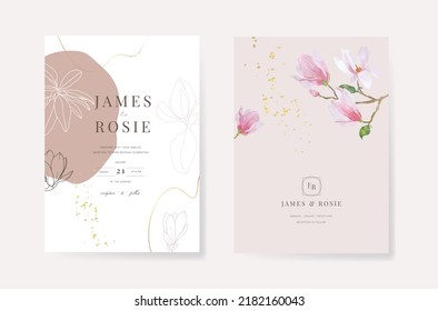 Minimal pink Wedding Invitation, floral invite thank you, rsvp modern card Design  with golden line decorative Vector elegant rustic template