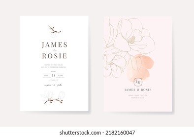 Minimal pink Wedding Invitation, floral invite thank you, rsvp modern card Design  with golden line decorative Vector elegant rustic template