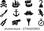 Minimal pirate icons vector set in black silhouette style, including skull and crossbones, ship, treasure chest, hook hand, cutlass sword, anchor, pirate hat, parrot, bottle, cannon, peg leg and compass, perfect for clean pirate maps, mobile games, stickers and branding elements.