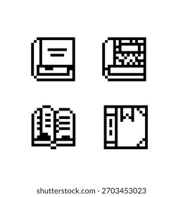 Conjunto de iconos de libro de arte de píxeles mínimos. Colección de libros abiertos y cerrados en estilo retro de 8 bits en blanco y negro para diseño de interfaces, juegos de píxeles, App en educación y Bibliotecas digitales.