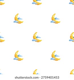 Minimal pixel art crescent moon with clouds, perfect for fabric prints, patterns, and decorative design.