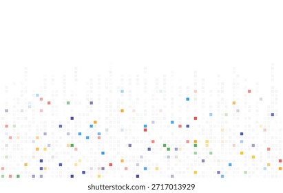 Minimal pixel confetti background with small colorful square dots fading upward on clean white space, suitable for modern design