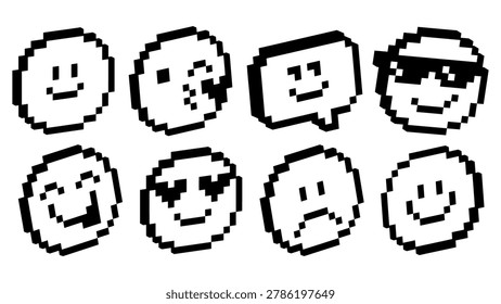Minimal pixel emoji icon set in retro 8-bit style. Expressive faces, social UI elements on clean white background. Trendy digital stickers for messaging apps, reactions, interfaces, social media