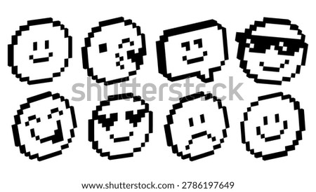 Minimal pixel emoji icon set in retro 8-bit style. Expressive faces, social UI elements on clean white background. Trendy digital stickers for messaging apps, reactions, interfaces, social media