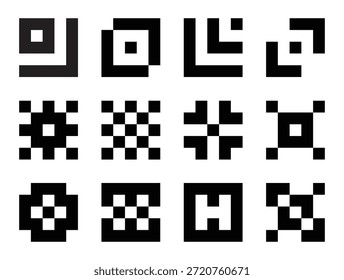 Símbolos geométricos de píxeles mínimos establecidos en blanco y negro, íconos de arte de píxeles de cuadrícula modular y Vector cuadrado.