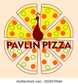 minimal pizza logo in the form of a peacock with olives and tomatoes