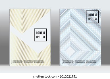 Minimal placard. Vector geometric cover. Hipster trendy report template. Set of futuristic line gradient graphic design flyers. Fashion minimal layouts. Striped placards. Retro banner design set.