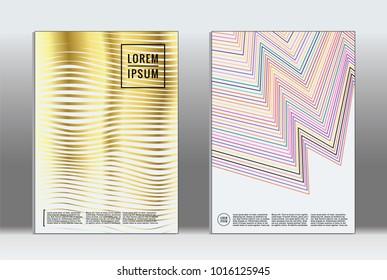 Minimal placard. Vector geometric cover. Hipster trendy report template. Set of futuristic line gradient graphic design flyers. Fashion minimal layouts. Striped placards. Retro banner design set.