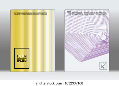 Minimal placard. Vector geometric cover. Hipster trendy report template. Set of futuristic line gradient graphic design flyers. Fashion minimal layouts. Striped placards. Retro banner design set.