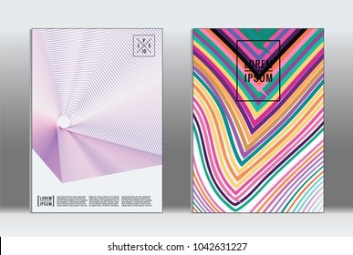 Minimal placard. Vector geometric cover. Hipster trendy report template. Set of futuristic line gradient graphic design flyers. Fashion minimal layouts. Striped placards. Retro banner design set.