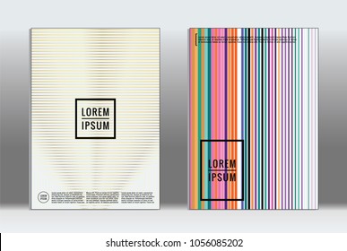 Minimal placard. Vector geometric cover. Hipster trendy report template. Set of futuristic line gradient graphic design flyers. Fashion minimal layouts. Striped placards. Retro banner design set.