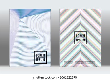 Minimal placard. Vector geometric cover. Hipster trendy report template. Set of futuristic line gradient graphic design flyers. Fashion minimal layouts. Striped placards. Retro banner design set.