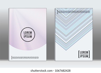 Minimal placard. Vector geometric cover. Hipster trendy report template. Set of futuristic line gradient graphic design flyers. Fashion minimal layouts. Striped placards. Retro banner design set.