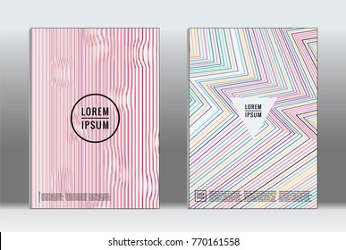 Minimal placard. Vector geometric cover. Hipster trendy report template. Set of futuristic line gradient graphic design flyers. Fashion minimal layouts. Striped placards. Retro banner design set.