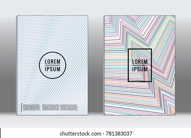 Minimal placard. Vector geometric cover. Hipster trendy report template. Set of futuristic line gradient graphic design flyers. Fashion minimal layouts. Striped placards. Retro banner design set.