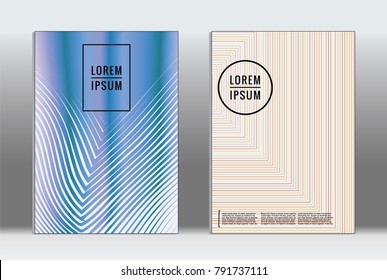Minimal placard. Vector geometric cover. Hipster trendy report template. Set of futuristic line gradient graphic design flyers. Fashion minimal layouts. Striped placards. Retro banner design set.