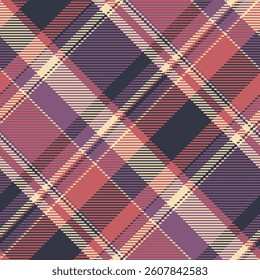 Minimal plaid vector fabric, official seamless check tartan. Sixties background texture pattern textile in pink and dark colors palette.