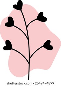 Minimal plant with five heart-shaped leaves in black silhouette on a pink abstract background, ideal for love, growth, or nature-themed content with symbolic style.