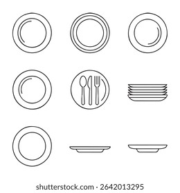 Minimal Plate Icon Set Collection. Simple Line Art Illustration of Dishes, Cutlery, and a Stack of Plates
