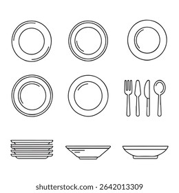 Minimal Plate Icon Set Collection. Simple Line Art Illustration of Dishes, Cutlery, and a Stack of Plates
