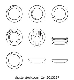 Minimal Plate Icon Set Collection. Simple Line Art Illustration of Dishes, Cutlery, and a Stack of Plates
