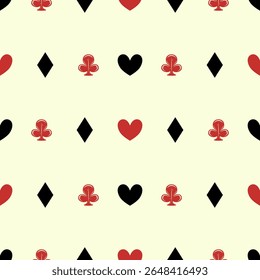 Minimal playing card suit symbols arranged in a seamless grid. A clean and versatile pattern for gaming themes and backgrounds. Less is more charming luck repeat luck for paper wrapping, textile, tile