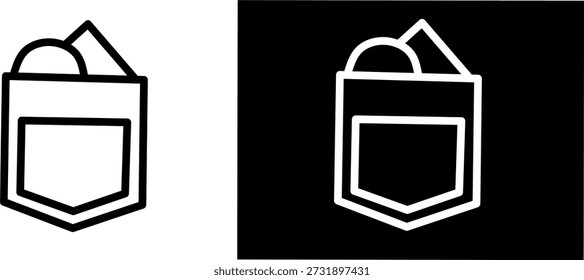 Icono de bolsillo mínimo que muestra elementos dentro de un bolsillo de camisa o pantalón. Contorno blanco y negro y estilos sólidos, ideales para almacenamiento, ropa y conceptos de moda.