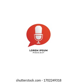 Minimal podcast logo design concept. Microphone illustration with orange call out shape or chatting icon behind. Broadcasting, Host, Announcher, Anchor, Radio Station, Stand up comedy. Isolated