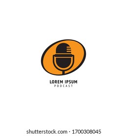 Minimal podcast logo design template. Silhouette retro microphone icon illustration with yellow oval ellipse shape behind. Stand up comedy logo. Broadcasting, Host, Announcher, Anchor, Radio Station.