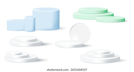 Minimal podium collection with white, blue and green cylindrical platforms in pastel colors. Smooth lighting, clean background, realistic 3D effect