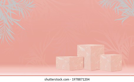 Minimal Podium display with Cubes Box Marble Stand with palm leaves on empty wall in peach colour,Vector 3D Empty Pink showcase in Studio room for Product Cosmetic presentation,Spa Showcase for sales