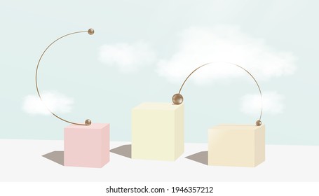 Minimal Podium display showcase with abstract geometric shape and beads bronze metal on blue background,Vector 3D Mockup stage pedestal platform