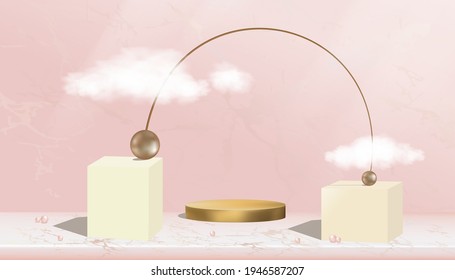 Minimal Podium-Showcase mit abstrakter geometrischer Form und Perlen Bronze-Metall auf rosafarbenem Hintergrund,3D-Mock-up-Bühne-Pocketplattform,Produktpräsentation für Kosmetik- oder Spa-Anzeige 