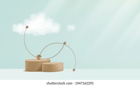 Minimal Podium display showcase with abstract geometric shape and bead bronze metal on green pastel background,Vector 3D Mockup stage pedestal platform,Product presentation for Cosmetic or Spa 