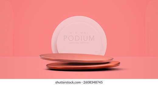 Minimal Podium Scene With Round Platforms On Coral Background. Perfect For Product Display, Branding, Or Modern Design Presentations. 3D Rendered Vector Illustration.