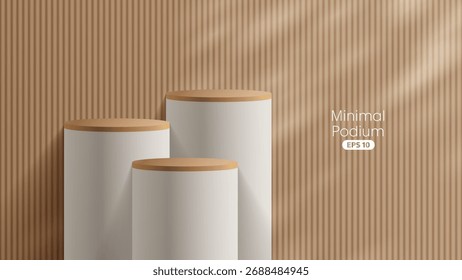 Podio mínimo con base de material suave. Escenarios de madera del podio y plataforma del escaparate del producto con las cubiertas y el oro en forma redonda y cuadrada. 