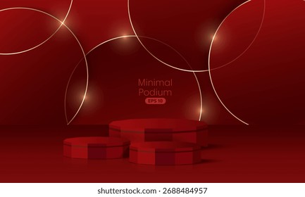 Pódio mínimo com base de material macio. Palcos de pódio de madeira e plataforma de vitrine de produto com capas e dourado em forma redonda e quadrada. 