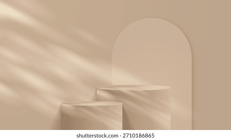 Podio mínimo con base de material suave. Escenarios de madera del podio y plataforma del escaparate del producto con las cubiertas y el oro en forma redonda y cuadrada. 
