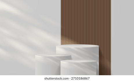Podio mínimo con base de material suave. Escenarios de madera del podio y plataforma del escaparate del producto con las cubiertas y el oro en forma redonda y cuadrada. 
