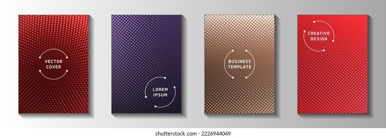 Minimal point screen tone gradation cover page templates vector collection. School banner faded screen tone backgrounds. Vintage cartoon comics style front page leaflets. Round pixels.