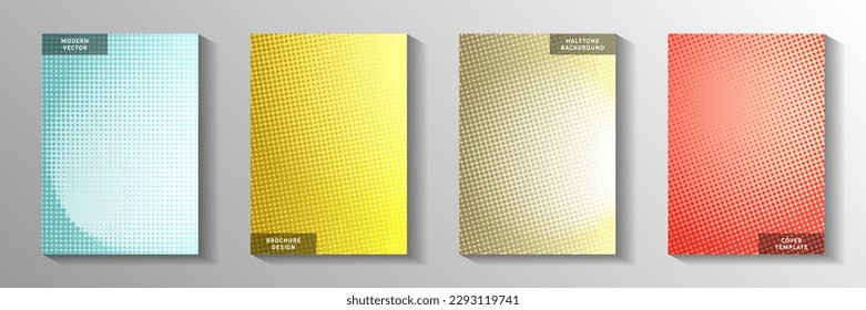 Minimal point screen tone gradation cover page templates vector set. Medical notebook faded screen tone backdrops. Retro cartoon comics style cover leaflets. Overlay spots grid