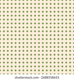 Minimal polka dot grid with moss green dots on cream background. Soft seamless vector for wrapping, textile, or wallpaper design.