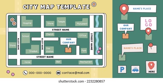 minimal pop art city map template design for edit vector kawaii doodle flat cartoon