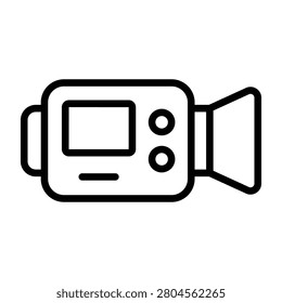 Minimal portable video camera with front lens and side display, clean monochrome lines. Suitable for filmmaking, video production, content creation, broadcasting, and media related themes.