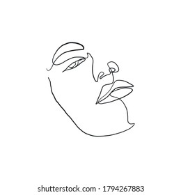 Minimal portrait girl hand drawn in one continuous line. Linear glamour logo in minimal design for hair stylist, makeup artist, beauty salon and cosmetology. Beautiful woman face. 