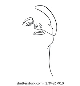 Minimal portrait girl hand drawn in one continuous line. Linear glamour logo in minimal design for hair stylist, makeup artist, beauty salon and cosmetology. Beautiful woman face. 