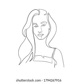 Minimal portrait girl hand drawn in one continuous line. Linear glamour logo in minimal design for hair stylist, makeup artist, beauty salon and cosmetology. Beautiful woman face. 