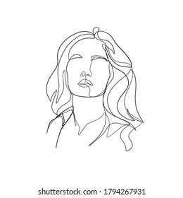 Minimal portrait girl hand drawn in one continuous line. Linear glamour logo in minimal design for hair stylist, makeup artist, beauty salon and cosmetology. Beautiful woman face. 